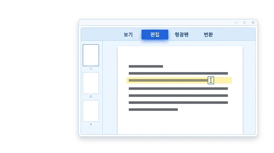 HanFlow PDF 편집 화면 — 보기·편집·형광펜·변환 도구와 페이지 썸네일